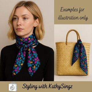 Vibrant Retro Floral Scarf for Neck Head Wrist Bag in Blue Purple Green Black